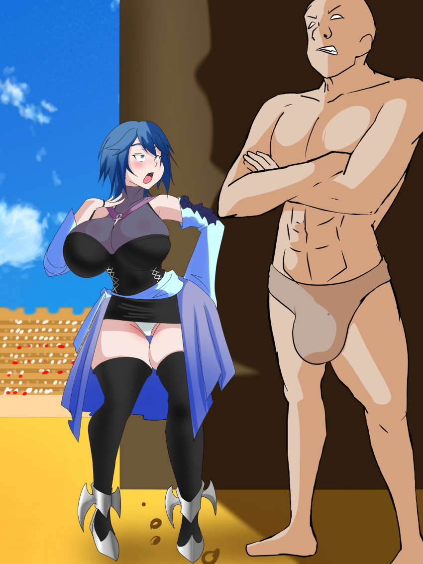 1boy 1girls aqua_(kingdom_hearts) before_rape before_sex blue_eyes blue_hair blush breasts bulge commission huge_breasts huge_cock inkrait inminent_sex kingdom_hearts looking_at_another looking_up muscular_male open_mouth panties size_difference thick_thighs thighs wide_hips