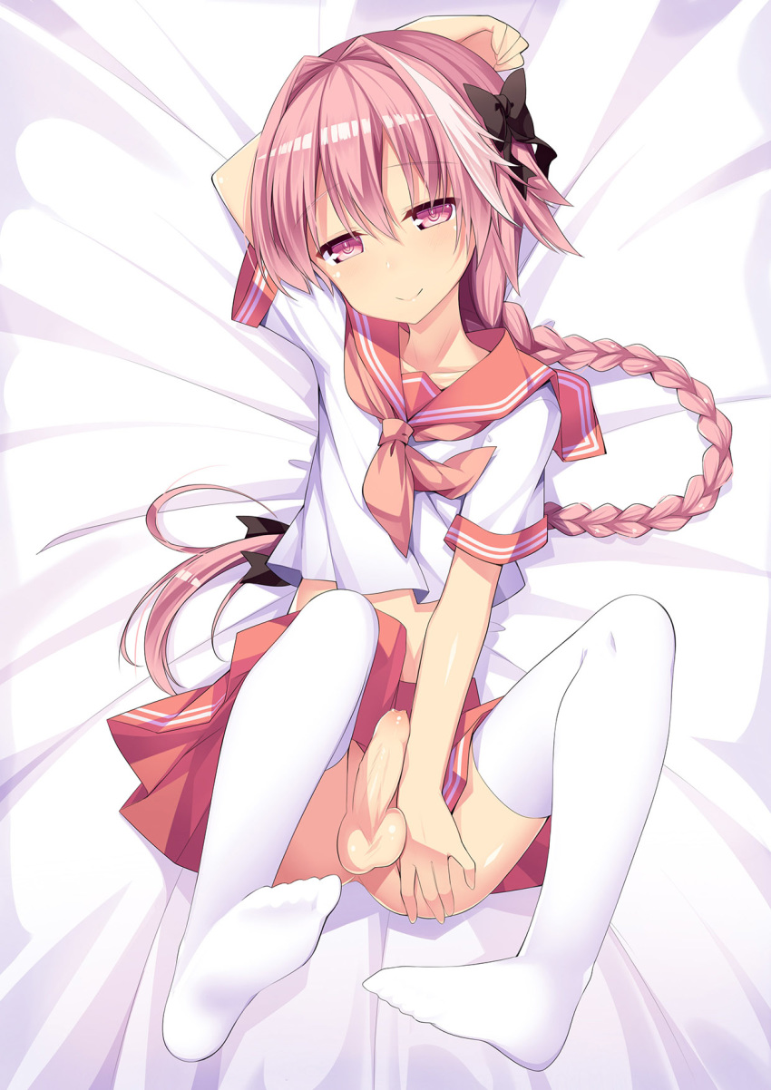 1boy amemiya_ruki arm_behind_head astolfo_(fate) bed_sheet blush braid dakimakura erection fate/grand_order fate_(series) hair_ribbon highres long_hair looking_at_viewer lying male male_focus midriff no_panties on_back penis pink_eyes pink_hair pink_serafuku pink_skirt ribbon school_uniform serafuku single_braid skirt smile solo thighhighs trap very_long_hair white_legwear