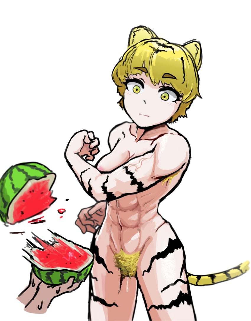 1girls animal_ears armpit_hair blonde_female blonde_hair blonde_hair_female blonde_pubic_hair breasts bush bushy_pubes female female_focus female_pubic_hair gnhume muscles muscular muscular_female pink_nipples pubic_hair tail tiger_girl tiger_stripes watermelon white_background