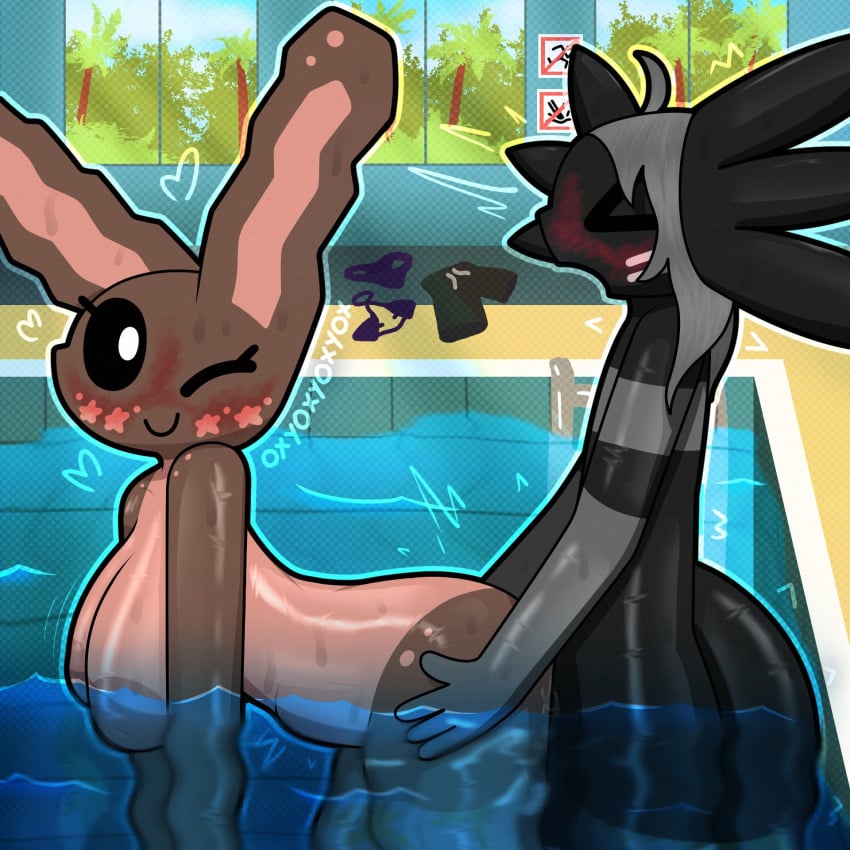 axolotl belly_bulge blush bunny_girl cinnamon_(oxyoxyoxyox) doggy_style female femboy femboy_on_female licorice_(oxyoxyoxyox) oxyoxyoxyox pool public