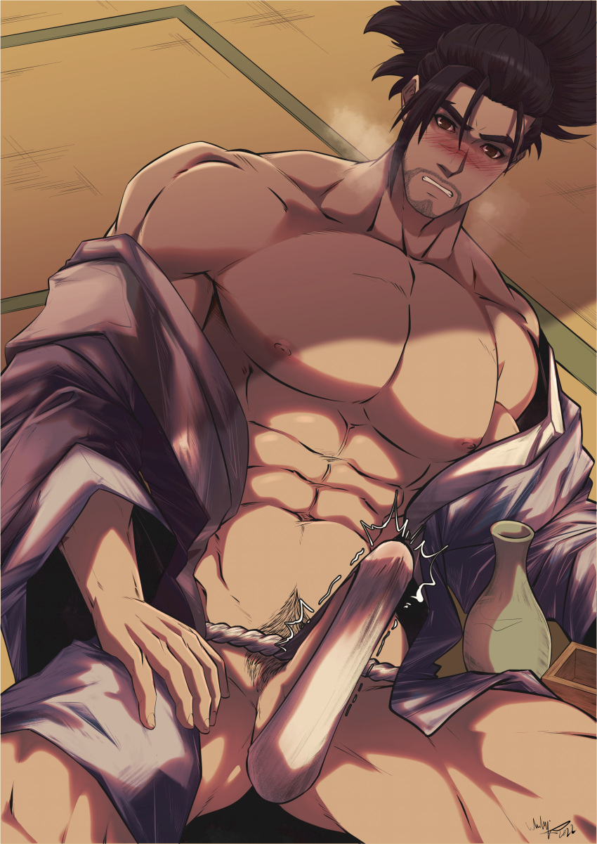 abs bara biceps big_bulge brown_hair bulge erection_under_clothes fundoshi japanese_clothing league_of_legends male male_nipples male_only muscular_male nipples pecs penis_outline riot_games scar wyatt_wu1020 yasuo