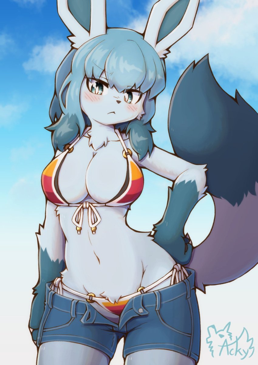 acky05 anthro beach blue_body blue_clothing blue_eyes blue_fur blue_hair blush breasts clothing collarbone crossed_arms eeveelution eyebrows eyelashes female fur generation_4_pokemon glaceon hair long_hair nintendo open_mouth outside pokemon pokemon_(species) solo swimwear tail tail_markings tuft