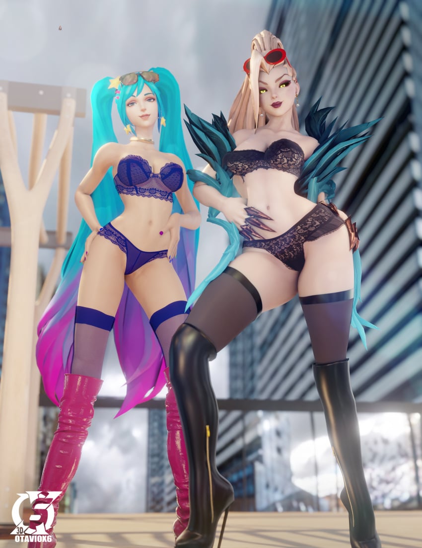 2girls 3d arcade_series arcade_sona blonde_hair blue_hair coven_zyra earrings high_heel_boots high_heels league_of_legends light-skinned_female lingerie looking_at_viewer otaviox6 riot_games sona_buvelle standing underwear zyra