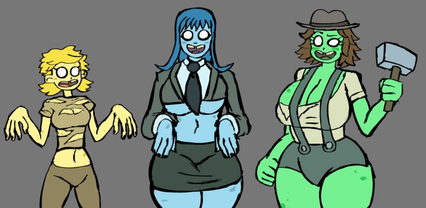 3girls big_breasts blue_hair blue_skin brown_hair cowgirl farmgirl genderswap_(mtf) green_skin jelly_zombie lemon_zombie minigonchar rule63 rule_63 skinny_girl slushie_zombie suit suit_and_tie tall_girl thick_thighs yellow_hair yellow_skin zombie zombie_catchers zombie_girl zombiecatchers