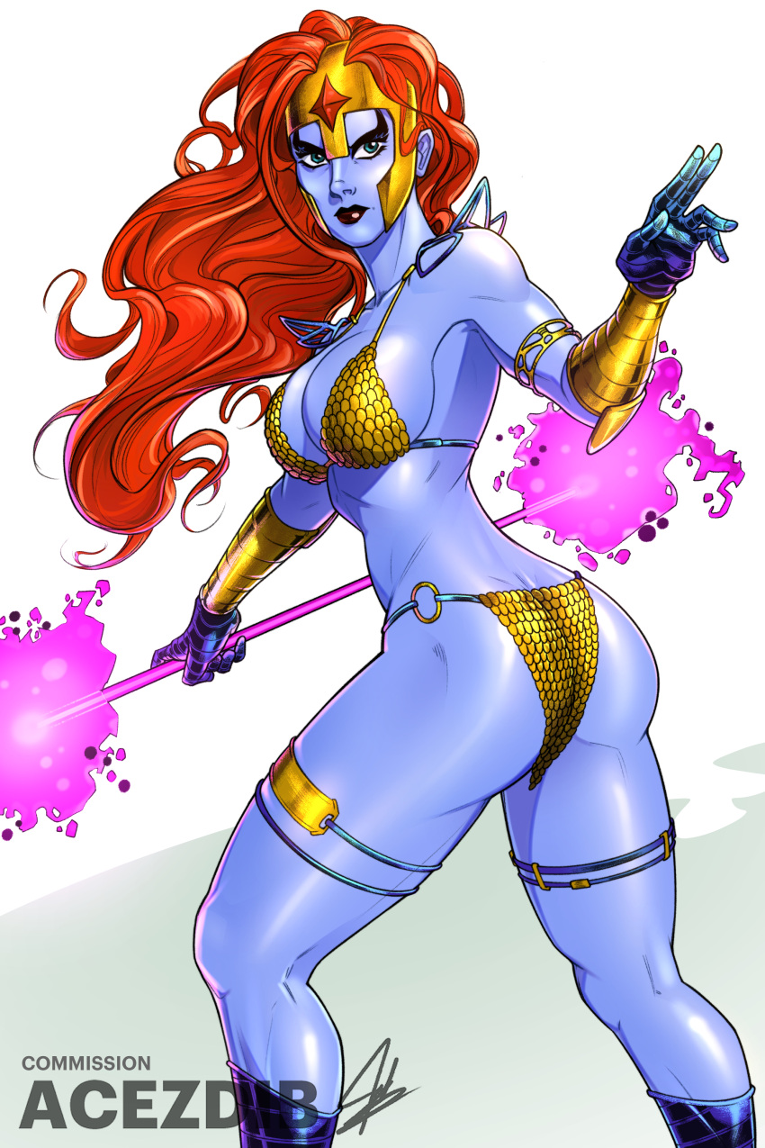 acezdib armor blue_skin chainmail chainmail_bikini curvaceous large_ass large_breasts magic red_hair red_sonja red_sonja_(comics) staff