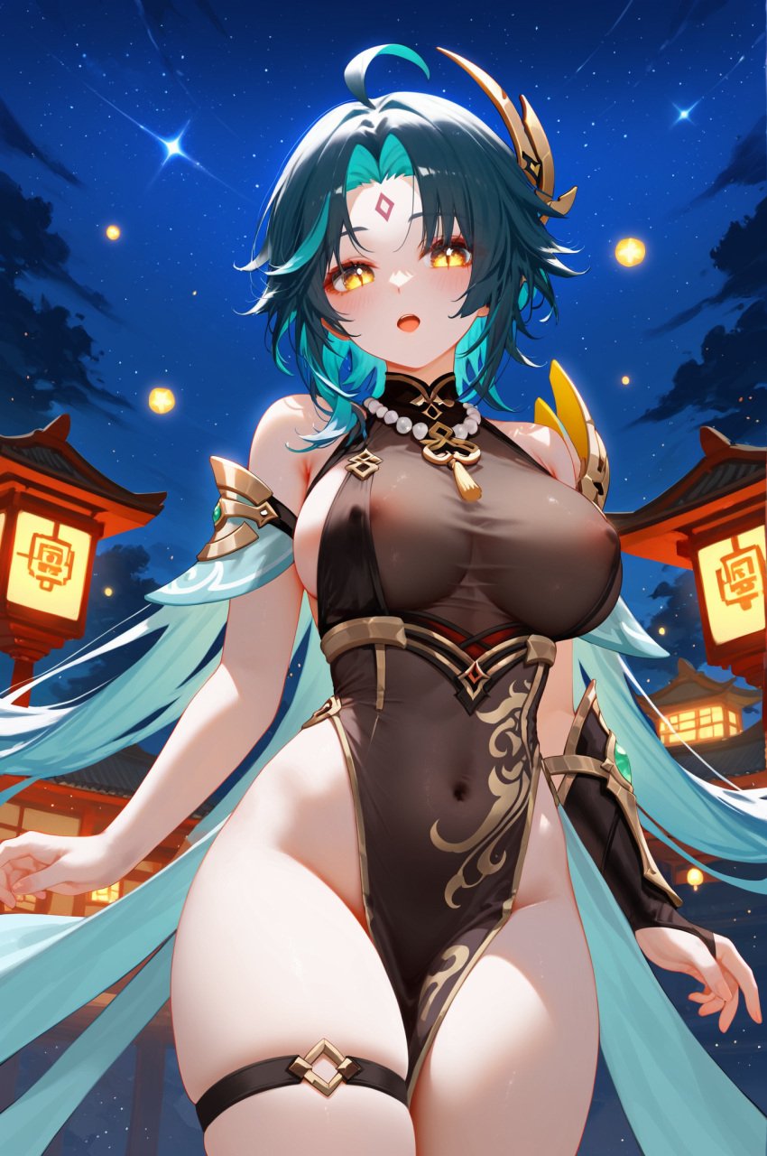 1girls absurd_res ahoge ai_generated asymmetrical_clothes bangs bare_shoulders bead_necklace beads blush breasts covered_navel covered_nipples forehead_mark genderswap_(mtf) genshin_impact lantern large_breasts looking_at_viewer ministro necklace night night_sky outdoors rule_63 short_hair slit_pupils solo xiao_(genshin_impact)