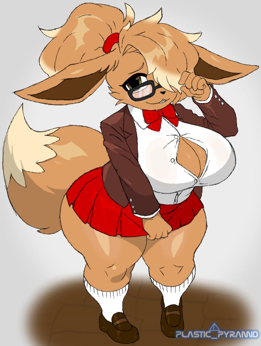 anthro big_ass big_breasts big_butt big_thighs braces eevee fur glasses hair_over_one_eye nerd nerdy_female nervous_smile no_text_version plastic_pyramid png pokemon pokemon_(species) school_uniform shortstack thick_thighs