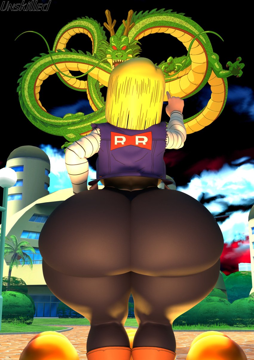 1girls 3d 3d_(artwork) android_18 anime ass big_ass big_butt big_thighs blonde_female blonde_hair blonde_hair_female child_bearing_hips clothed clothed_female dragon dragon_ball dragon_ball_z dragon_balls eastern_dragon female female_focus female_only from_behind from_behind_position green_dragon hips_wider_than_shoulders huge_ass huge_butt manga medium_hair shenron solo solo_female solo_focus thick_thighs thighs unski113d wide_hips