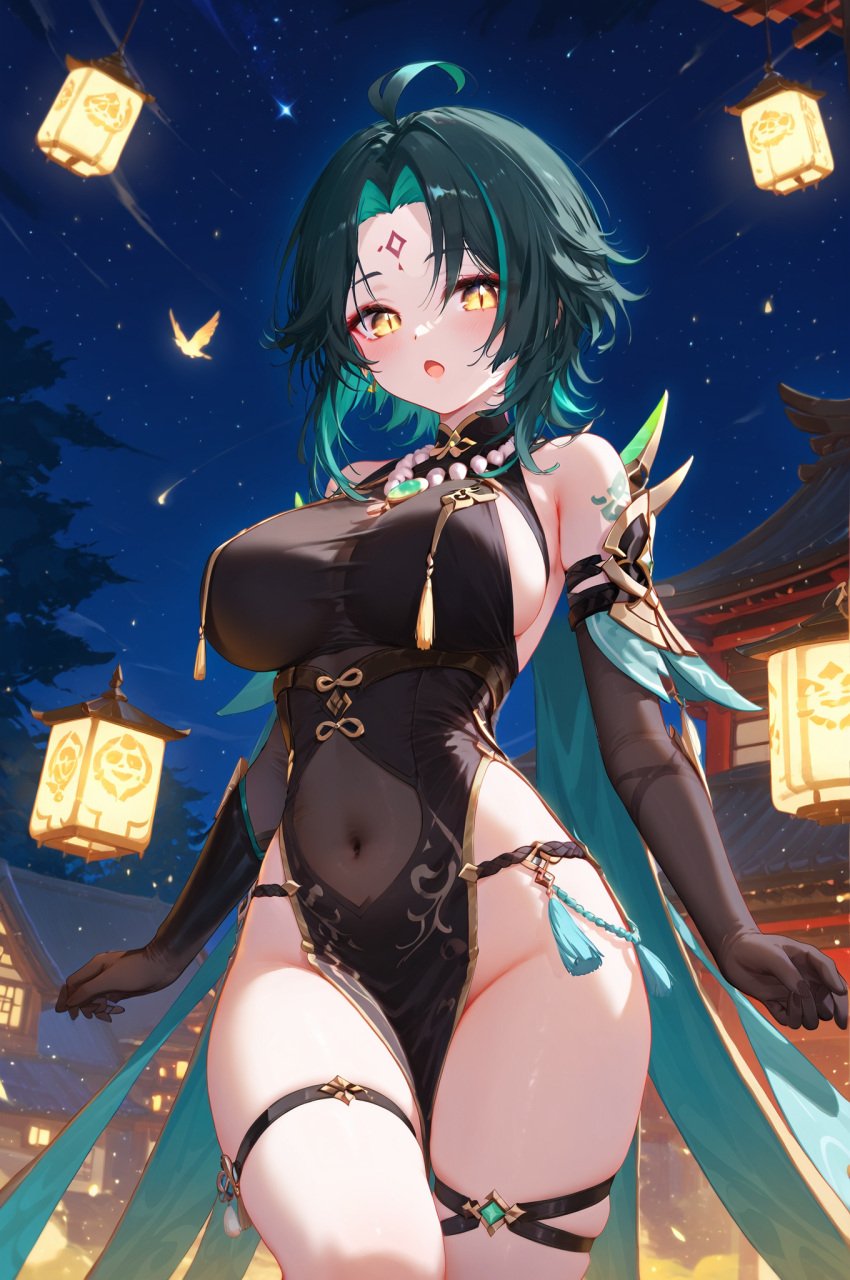 1girls absurd_res ahoge ai_generated asymmetrical_clothes bangs bare_shoulders bead_necklace beads blush breasts covered_navel forehead_mark genderswap_(mtf) genshin_impact lantern large_breasts looking_at_viewer ministro necklace night night_sky outdoors rule_63 short_hair slit_pupils solo xiao_(genshin_impact)