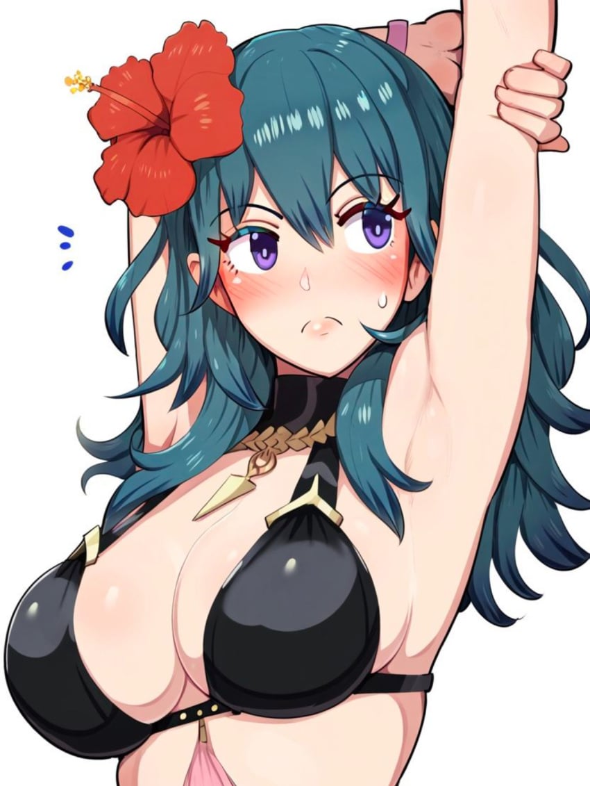 ai_generated alternate_costume black_bikini black_swimsuit blue_eyes breasts byleth_(female)_(fire_emblem) byleth_(female)_(summer)_(fire_emblem) byleth_(fire_emblem) byleth_(fire_emblem)_(female) female female_only fire_emblem fire_emblem:_three_houses fire_emblem_heroes loomai nintendo official_alternate_costume solo swimsuit teal_hair