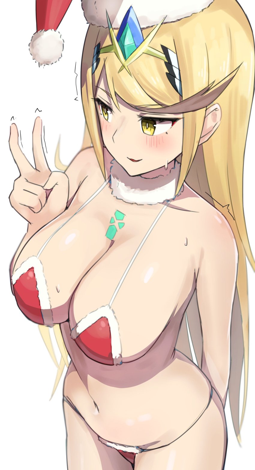 1girls big_breasts bikini blonde_hair breasts busty cleavage core_crystal female female_only large_breasts mythra nintendo oruru63100814 pointy_chin red_bikini sensual smile solo v voluptuous xenoblade_(series) xenoblade_chronicles_2 yellow_eyes