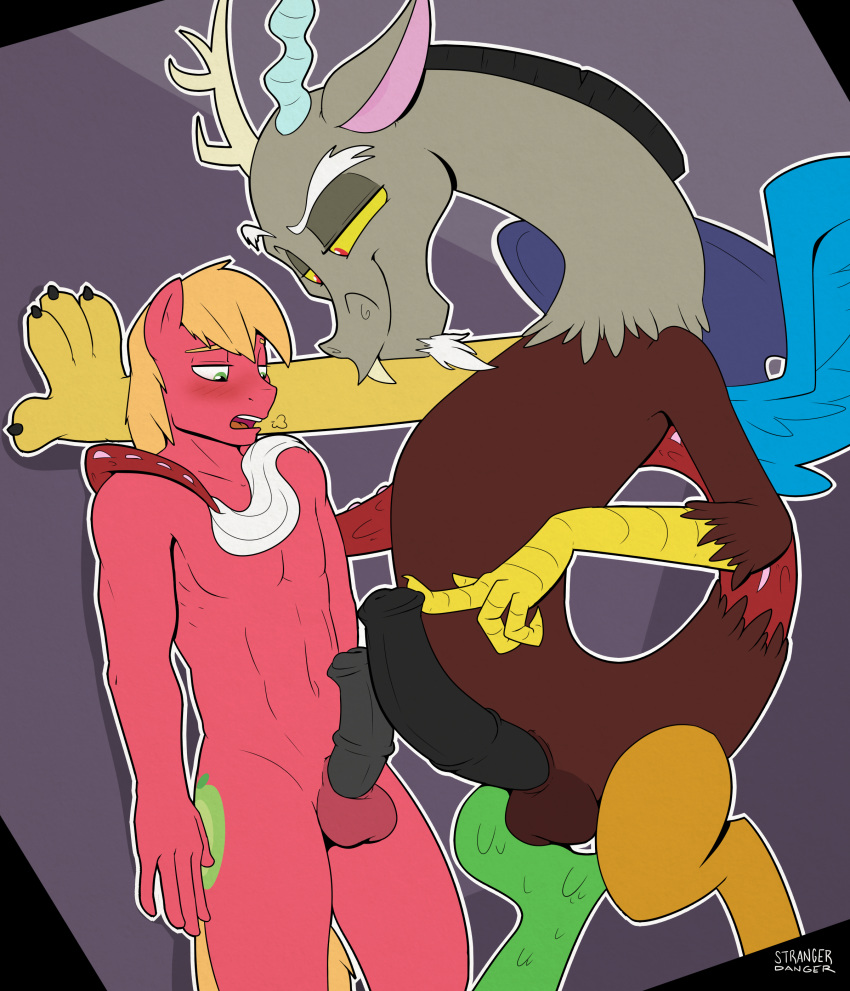 2015 animal_genitalia animal_penis anthro balls big_macintosh_(mlp) blue_feathers comparing comparing_penis discord_(mlp) draconequus duo earth_pony equine equine_penis erection feathered_wings feathers friendship_is_magic frottage furry highres horse horsecock interspecies male mammal membranous_wings my_little_pony nude penis penis_size_difference pony sex straight_hair strangerdanger wings yaoi