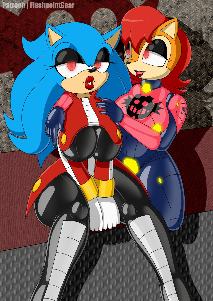 2girls alternate_breast_size anthro big_hair blue_hair bodysuit brainwashing candy_blue_hair corruption drone droneification dronesuit enemy_conversion female female_only flashpoint_gear_(artist) hair happy_trance hedgehog hedgehog_girl hedgehog_humanoid rule_63 sally_acorn sitting slave slavegirl sonic_(series) sonic_the_hedgehog sonic_the_hedgehog_(series) sonique_the_hedgehog underboob