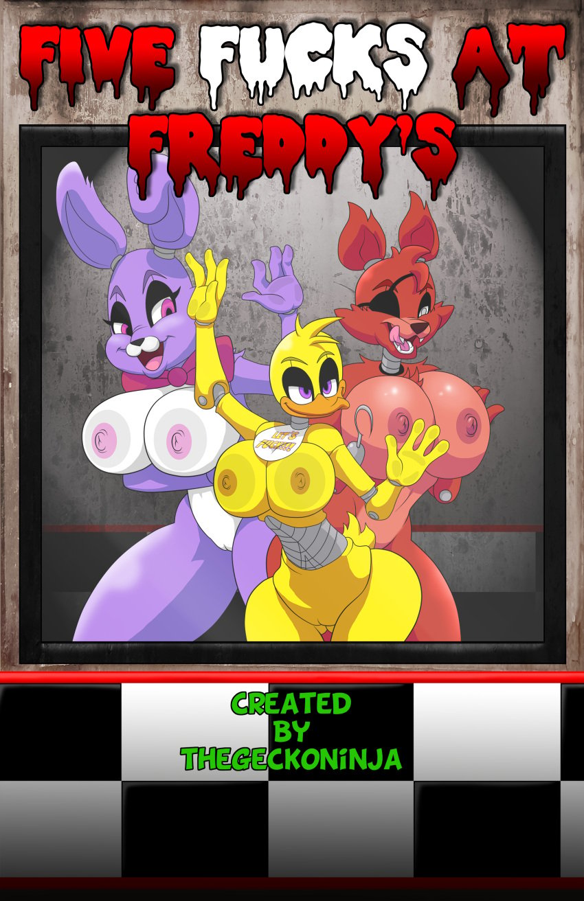 3girls animatronic anthro avian big_breasts bird bonnie_(fnaf) breasts busty canine chica_(fnaf) comic comic_cover duck eye_patch eyewear female five_nights_at_freddy's fox foxy_(fnaf) furry group lagomorph machine mammal mechanical nipples on_glass purple_eyes pussy rabbit robot thegeckodemon thegeckoninja title_page