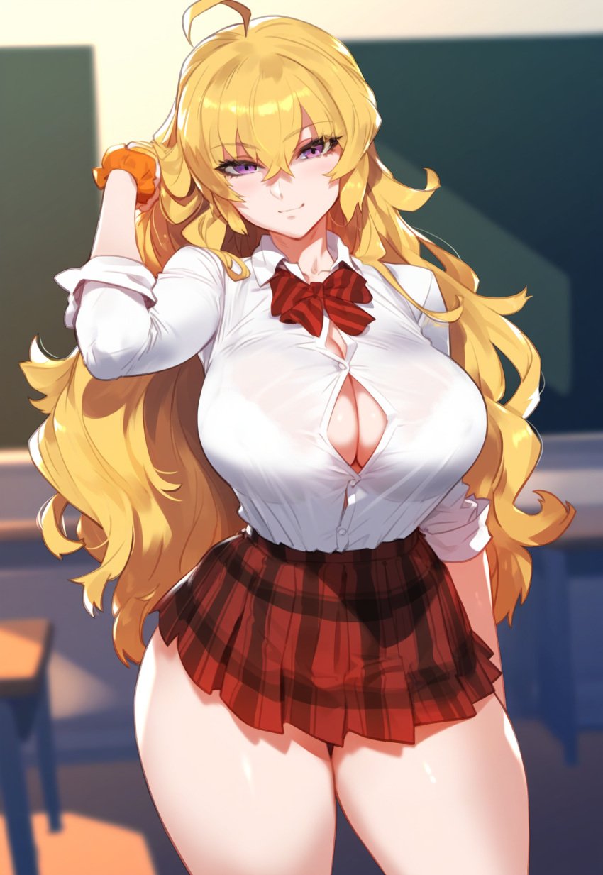 1girls ahoge ai_generated big_breasts blonde_hair button_gap classroom cleavage curvy_female curvy_figure female female_focus light-skinned_female light_skin looking_at_viewer purple_eyes rwby school_uniform seductive_look seductive_smile self_upload shirt shirt_tucked_in skirt smirk solo solo_female thick_thighs yang_xiao_long