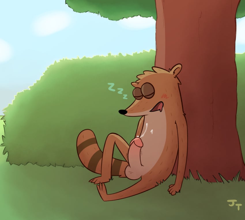 2017 anthro balls blush brown_fur cartoon_network closed_eyes cum digital_media_(artwork) erection fur josephtl male male_only mammal nude open_mouth penis regular_show rigby sleeping smile solo