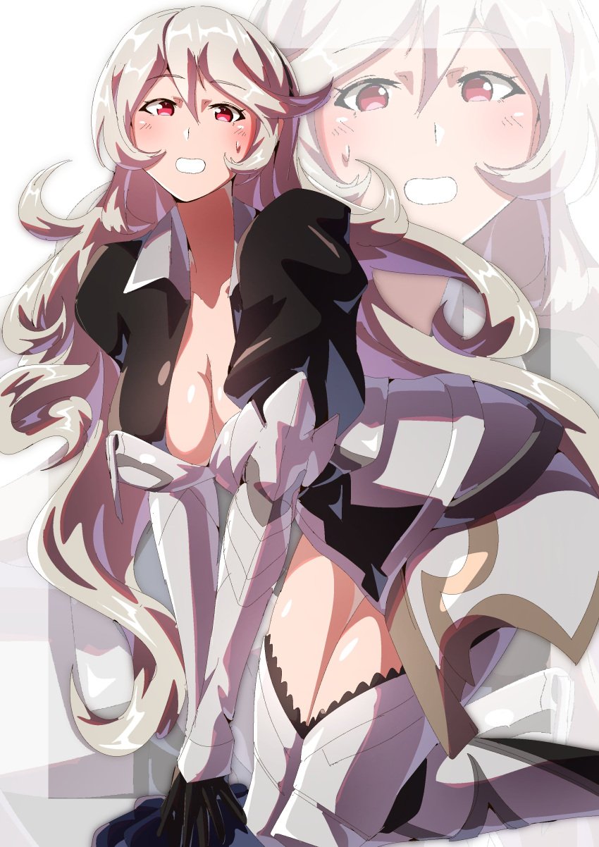 1girls armor bare_thighs cleavage corrin_(fire_emblem) corrin_(fire_emblem)_(female) embarrassed fire_emblem fire_emblem_fates grey_hair inner_thighs large_breasts long_hair nintendo red_eyes sweatdrop thighs to_(tototo_tk) wardrobe_malfunction