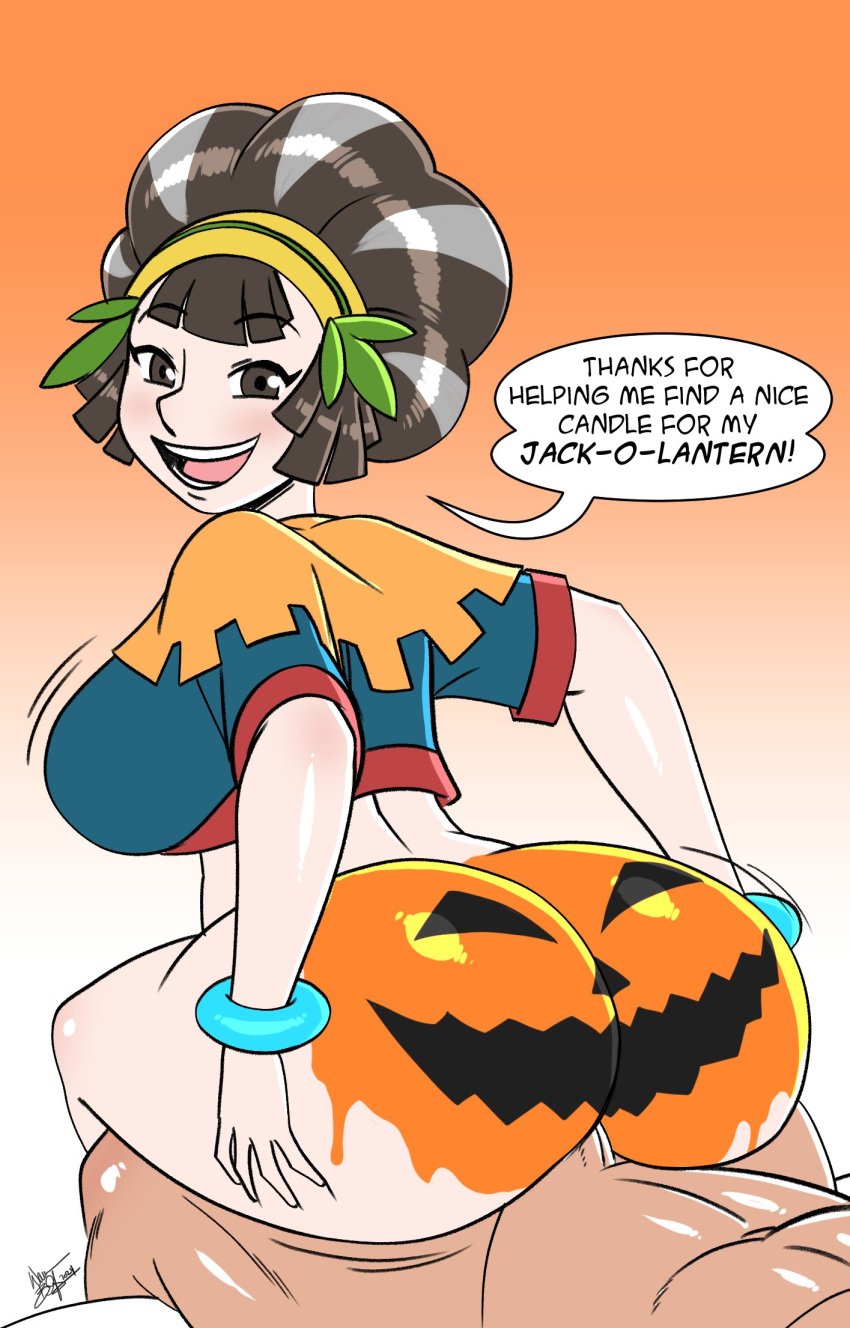 1boy 1girls 2024 2d aeolus06 ass ass_focus big_ass big_breasts bodypaint breasts brown_eyes brown_hair english_text faceless_male female female_focus halloween jack-o'-lantern kina_(skyward_sword) looking_at_viewer looking_back no_panties penis sex short_hair skyward_sword smile text text_bubble the_legend_of_zelda thick_thighs thighs two-tone_hair