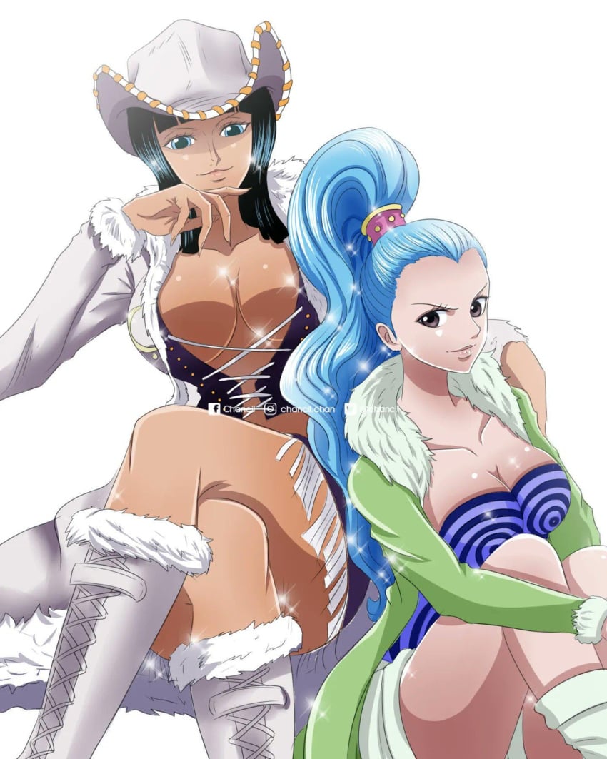 2girls alternate_breast_size artist_name baroque_works big_breasts black_hair blue_eyes blue_hair boots brown_eyes chancil chancilchan cleavage clothed coat dark-skinned_female female female_only hand_on_shoulder hat hourglass_figure inner_sideboob light-skinned_female looking_away looking_down miss_all_sunday miss_wednesday nefertari_vivi nico_robin no_sex one_piece ponytail pre-timeskip revealing_clothes seductive_look seductive_smile slim_waist smile sparkles tanned tanned_skin thick_thighs thighs