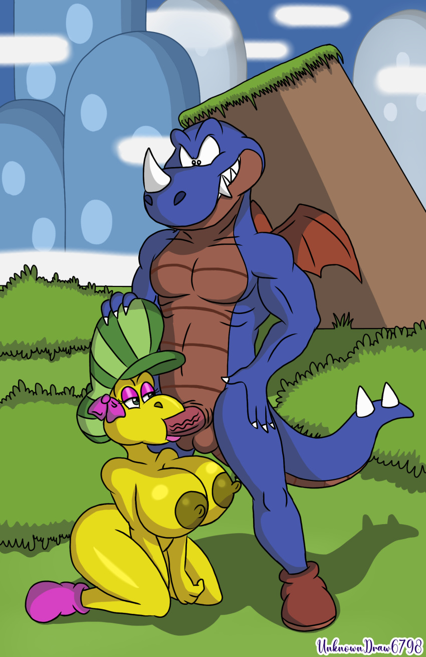 1boy 1boy1girl 1girls anthro anthro_only balls big_breasts big_thighs black_eyes blowjob breasts brown_shoes cap curvy curvy_female duo eyeshadow female female/male green_cap green_eyes half-closed_eyes koopa kylie_koopa lips lipstick long_tail makeup male male/female mario_(series) mario_and_luigi_(series) naked naked_with_shoes_on nintendo nipples nude penis pink_eyeshadow pink_lipstick pink_shoes rex_(mario) scalie self_upload sharp_teeth shoes spiked_tail super_mario_world tail thighs unknowndraw6798 wide_hips wings