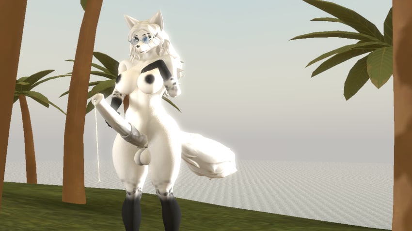 3d 3d_(artwork) balls ballsack black_hands black_nipples blue_eyes blue_sunglasses cum cum_drip cum_dripping_from_penis erection fox_ears furry furry_futa furry_only futanari futanari_masturbation hand_on_breast hand_on_cock hand_on_penis horsecock large_ass massive_breasts massive_cock massive_penis muzzle naked naked_futa naked_futanari nuts nutsack original_character solo source_filmmaker source_filmmaker_(artwork) tail thick_thighs white_body white_ears white_fur white_tail