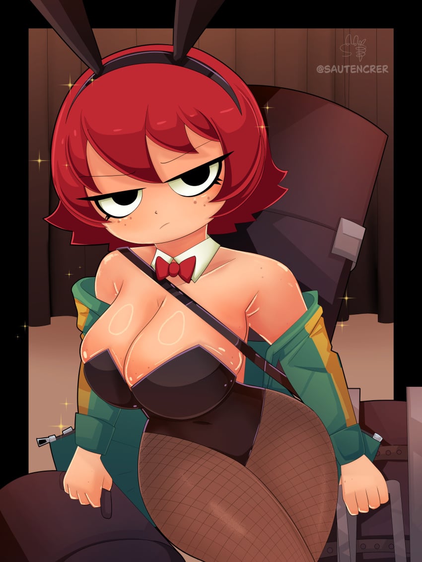 1girls bare_shoulders black_eyes bunny_ears bunnysuit female fishnet_legwear fishnet_pantyhose fishnets freckles freckles_on_breasts freckles_on_face freckles_on_shoulders holding_object jacket kim_pine open_clothes open_jacket partially_clothed red_hair sautencrer scott_pilgrim short_hair solo solo_female sparkles suitcase