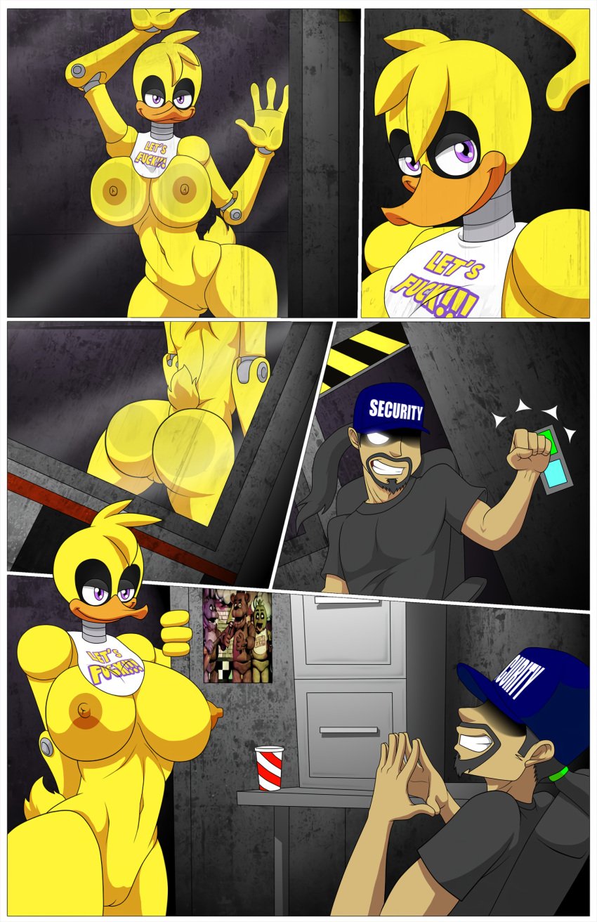 1boy 1boy1girl 1girls 2015 animatronic anthro areola ass avian beak beard bib big_breasts bird breasts buttons chica_(fnaf) chicken comic cup door doorway duo exposed_breasts female filing_cabinet five_nights_at_freddy's glass grin hairband happy hat human looking_at_viewer machine male mammal mechanical nipples on_glass ponytail poster presenting presenting_breasts presenting_hindquarters purple_eyes pussy rear_view robot security_guard smile smiling straight teeth thegeckodemon thegeckoninja video_games white_eyes window yellow_feathers