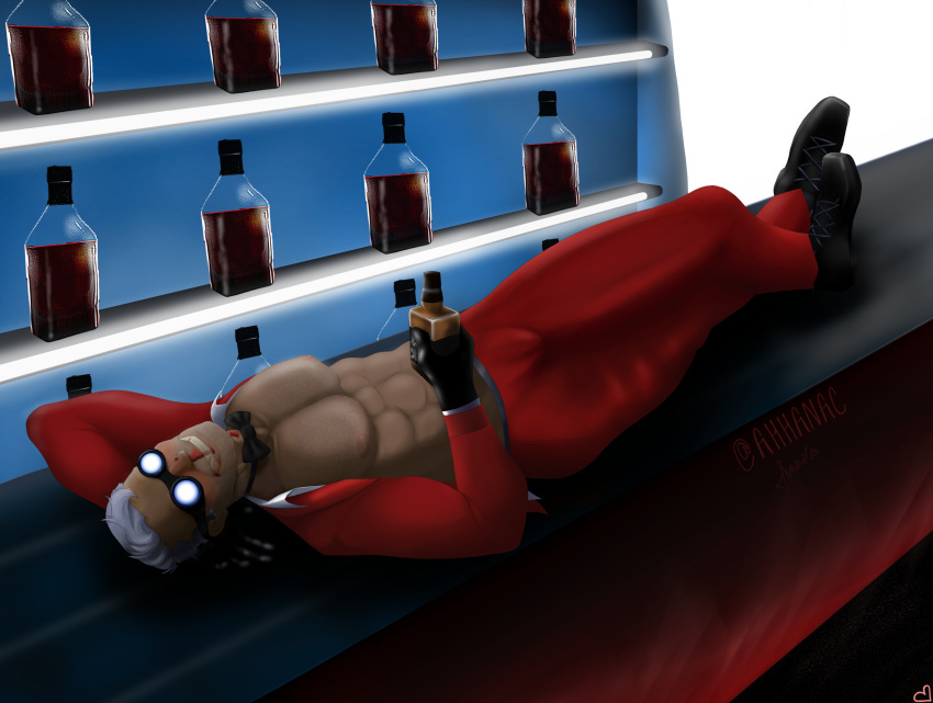 1boy alcohol bara blood emesis_blue engineer_(team_fortress_2) muscular nipples no_visible_genitalia older_male red_team_(team_fortress_2) sideburns smile solo team_fortress_2 white_hair