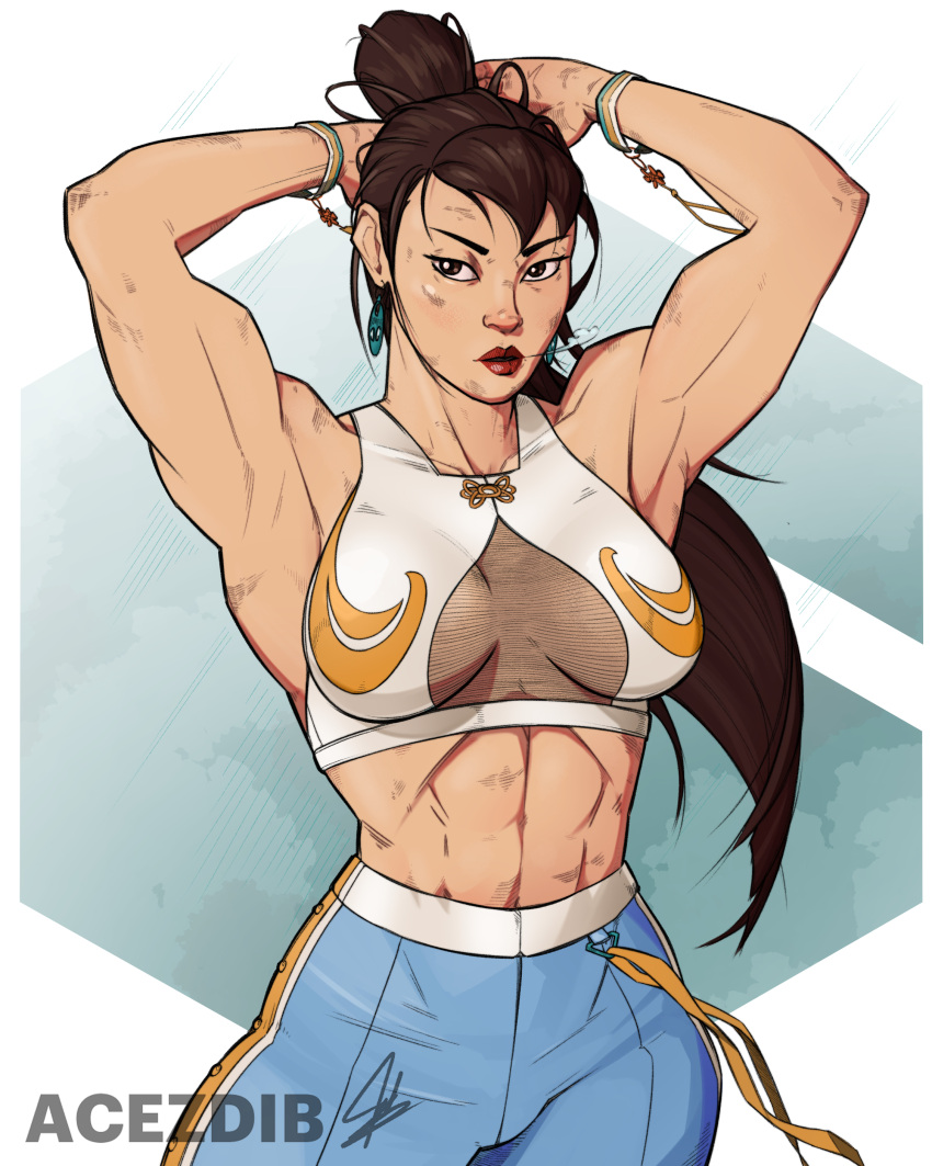 1girls acezdib blue_pants brown_hair chun-li chun-li_(street_fighter_6) female female_only fully_clothed hair_bun muscular muscular_female pants solo street_fighter street_fighter_6