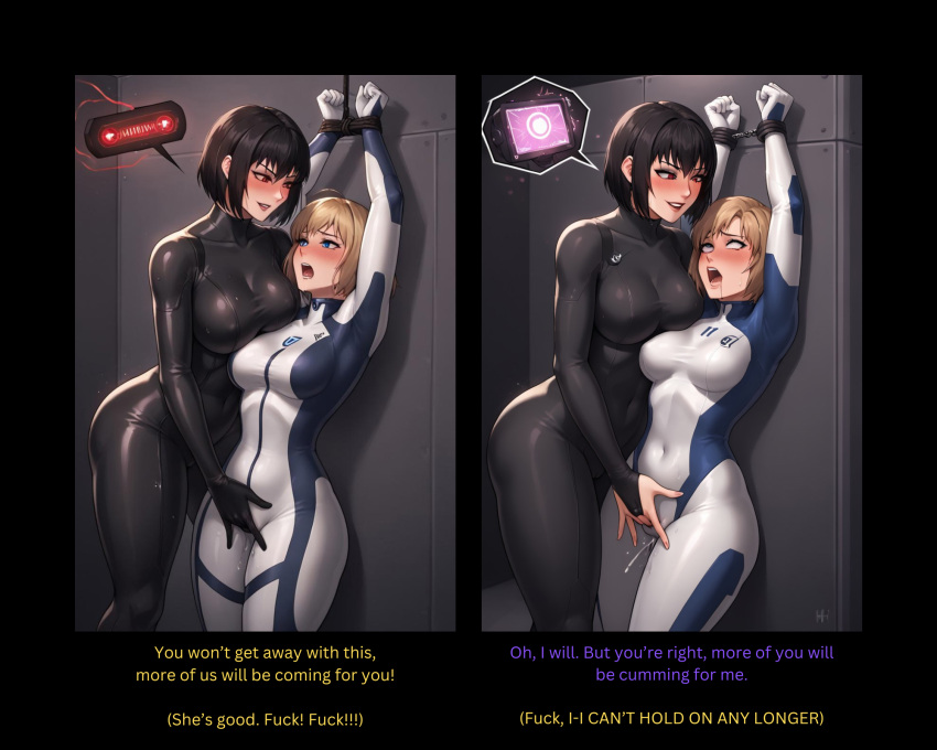 2_bodysuits 2girls ai_generated assertive_female black_bodysuit black_hair blonde_hair blue_eyes bodysuit bondage comic dubious_consent femdom fingering fingering_through_clothes moaning original png red_eyes rolling_eyes white_bodysuit yuri