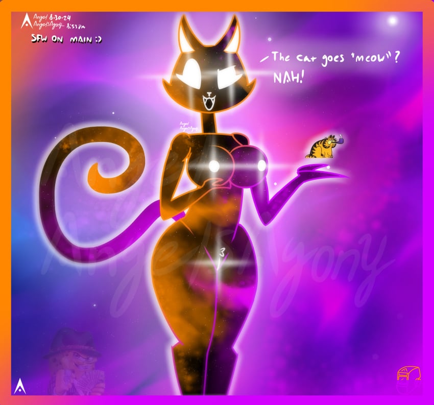 agonywelds ass cat_ears cat_tail catgirl female femdom furry furry_female galaxy garfield_(series) garfield_the_cat glowing glowing_eyes glowing_genitalia hand_holding_object looking_at_viewer meme nipples nude open_mouth pussy space space_gatta star taller_female taller_girl text thick_ass thick_thighs thighs universe