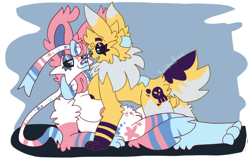 anthro ass bandai_namco boxheadrave breasts butt_markings digimon digimon_(species) duo eeveelution female female/female fur generation_6_pokemon genitals hi_res markings nintendo nipples on_partner pokemon pokemon_(species) pussy renamon ribbons_(anatomy) sylveon tail