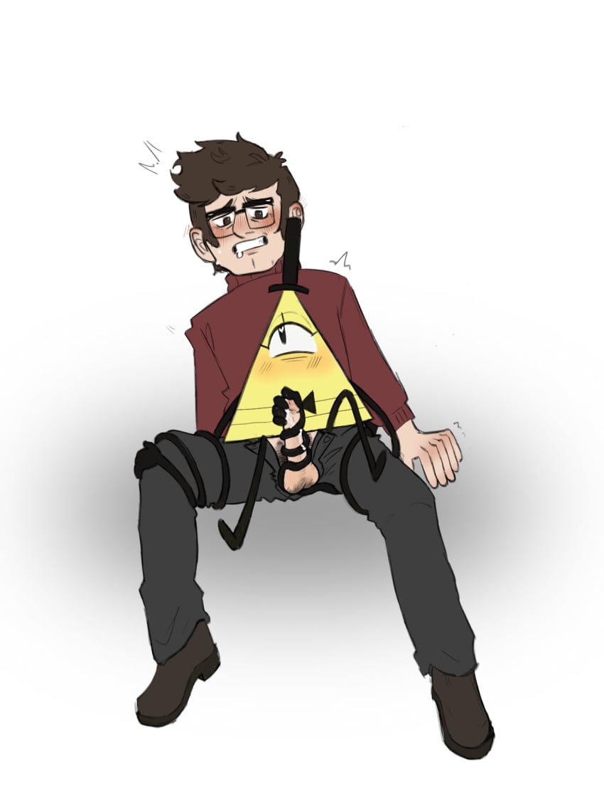 2males bill_cipher black_hat black_pants blush boots brown_boots brown_eyes brown_hair clothed gay glasses gravity_falls handjob hat male male_only pants red_sweater simple_background sitting_on_lap stanford_pines sweater teeth teeth_clenched top_hat yaoi