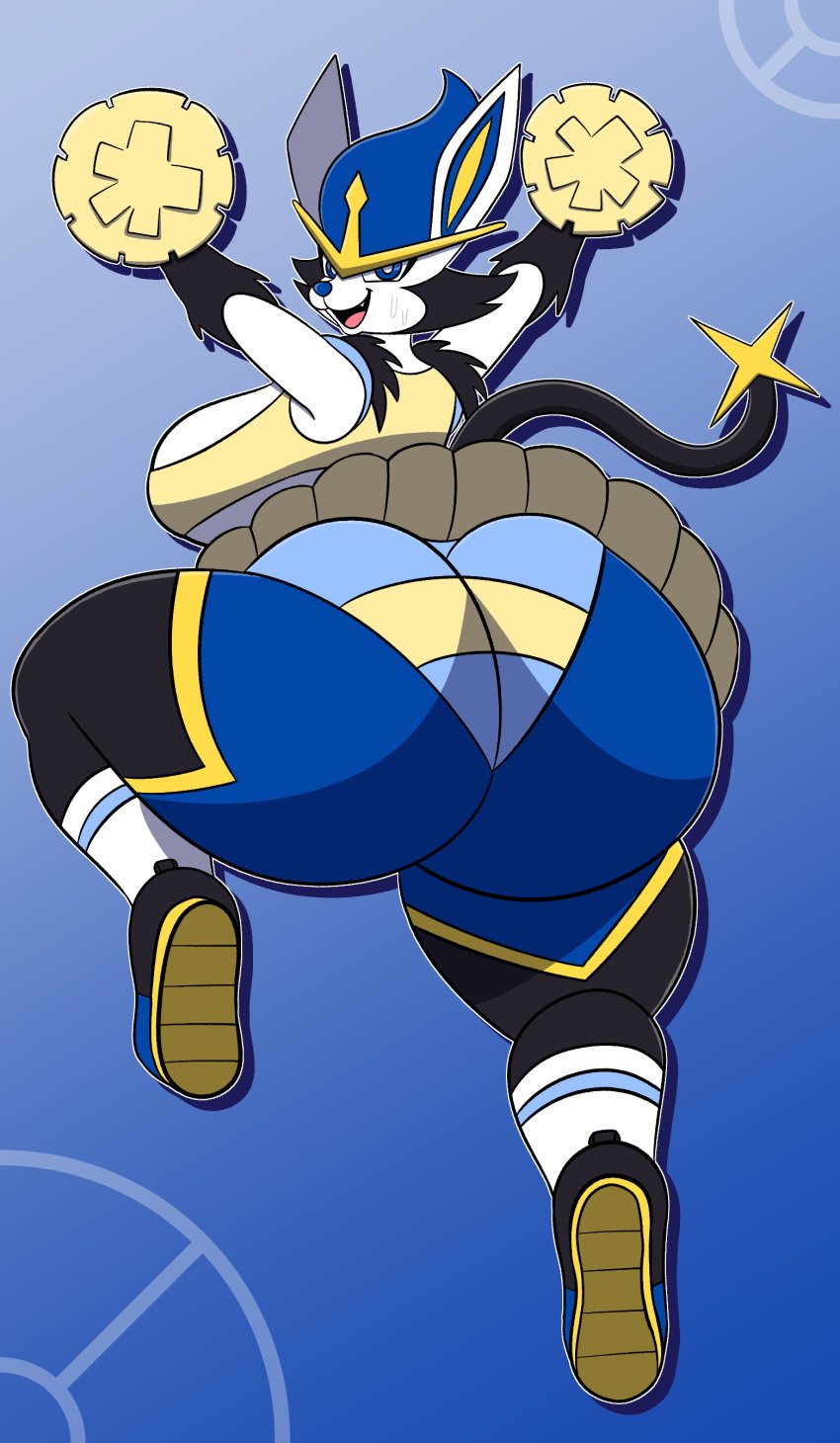 absurd_res anthro bottomwear cheering cheerleader cinderace clothing female footwear fusion generation_4_pokemon generation_8_pokemon hi_res luxray mechaclank nintendo original_character pokemon pokemon_(species) shirt simple_background skirt socks solo tank_top topwear underwear