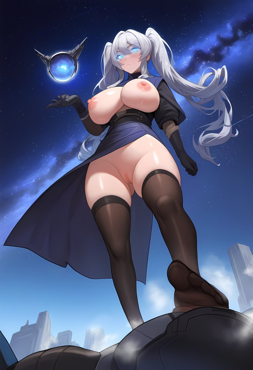 1girls ai_generated ass_visible_through_thighs background big_breasts big_nipples black_gloves black_legwear black_thighhighs blue_dress blue_eyes blush breast_cutout breasts breasts_out closed_mouth clothing dominant dominant_female domination dress feet female female_focus female_only femdom full_body gloves glowing glowing_eyes grey_hair hi_res highres holding_object huge_breasts izacru0 long_hair looking_at_viewer looking_down magic night night_sky nipples no_bra no_panties no_panties_under_dress orb original original_character pussy science_fiction side_slit skindentation solo solo_female solo_focus stars steam stepped_on thighhighs thighs twintails under_dress upskirt very_high_resolution white_hair worship