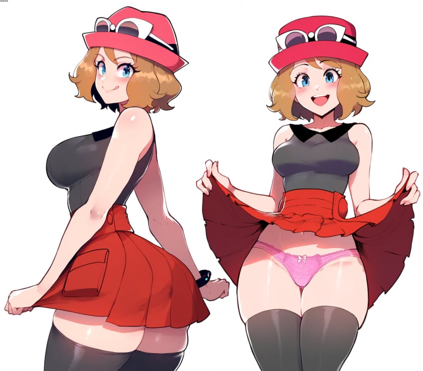 1girls ai_generated anemoi ass bent_wrist female female_only panties pokemon serena_(pokemon) short_hair skirt_lift stockings tagme thick_thighs thighhighs