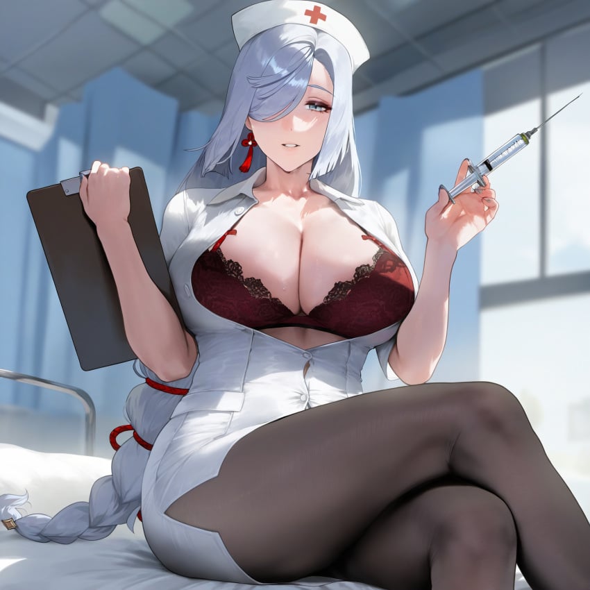 absurd_res ai_generated alternate_costume braid braided_hair breasts_out crossed_legs from_below genshin_impact holding_object hospital hospital_bed hoyoverse huge_breasts infirmary laced_bra laced_underwear liu_(artist) looking_at_viewer nurse nurse_cap nurse_uniform pantyhose parted_lips red_bra shenhe_(genshin_impact) sitting solo solo_female syringe unbuttoned unbuttoned_shirt very_long_hair voluptuous voluptuous_female