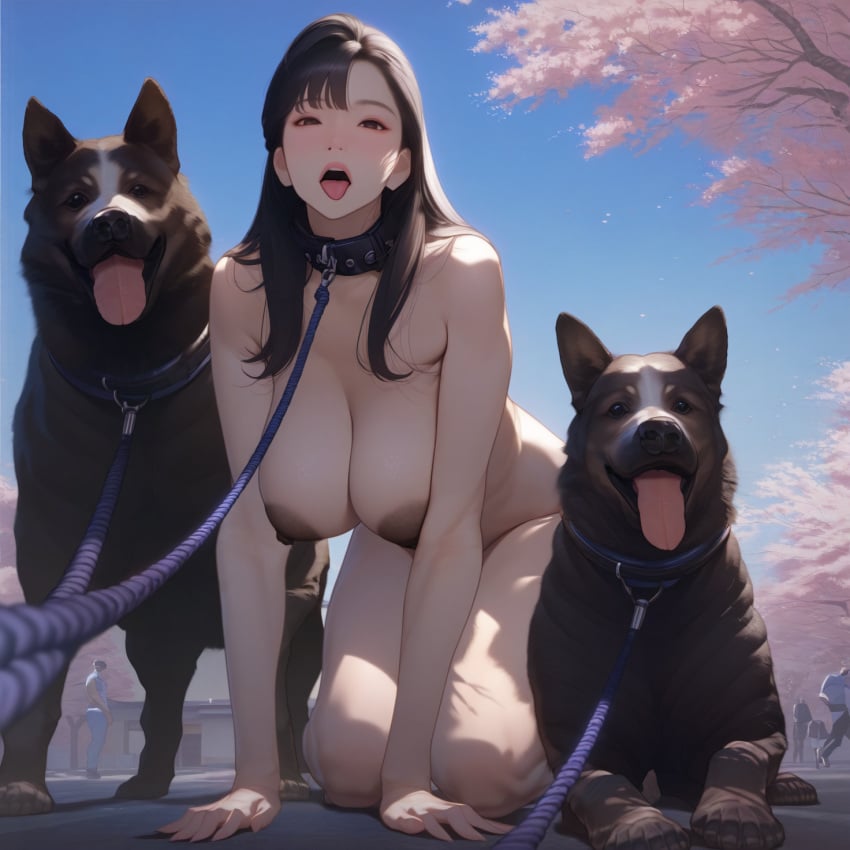 ai_generated aitomeetnichedemand all_fours bitch_taken_for_walk brown_fur brown_hair canine casual_nudity collar crawling happy happy_sub implied_bestiality large_areolae leash leash_and_collar looking_at_viewer obedience on_all_fours petplay public public_nudity submissive_female tongue_out walkies zoophilia