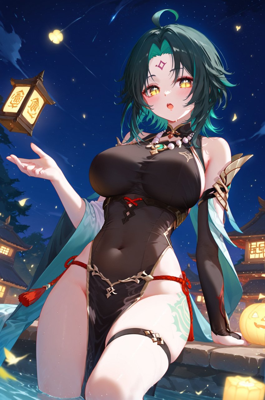 1girls absurd_res ahoge ai_generated asymmetrical_clothes bangs bare_shoulders bead_necklace beads blush breasts covered_navel covered_nipples forehead_mark genderswap_(mtf) genshin_impact lantern large_breasts looking_at_viewer ministro necklace night night_sky outdoors rule_63 short_hair slit_pupils solo xiao_(genshin_impact)