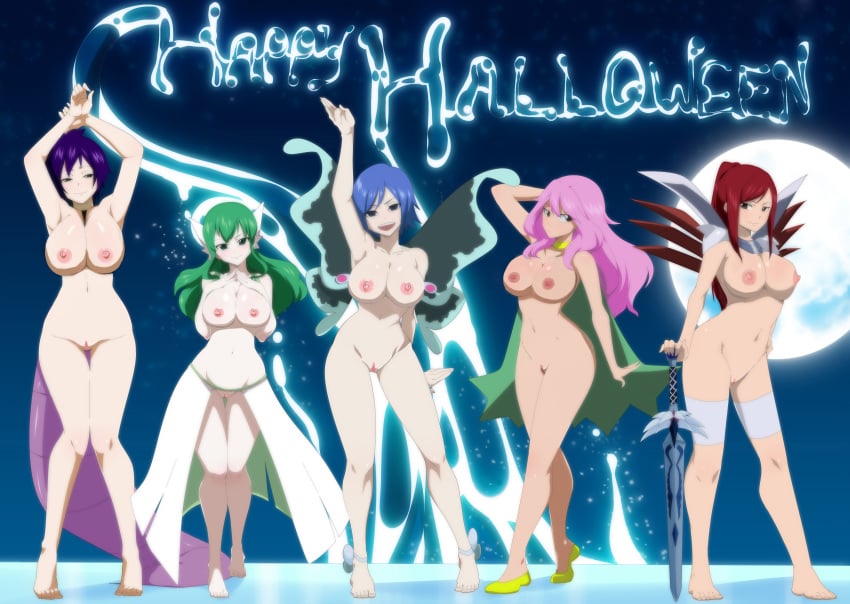 5girls absurdres blue_hair breasts cosmos_(fairy_tail) edit erza_scarlet fairy_tail feet female female_only green_hair halloween highres hisui_e._fiore juvia_lockser kinana_(fairy_tail) legs lexus_(artist) multiple_girls nipples pink_hair purple_hair pussy red_hair shaved_pussy