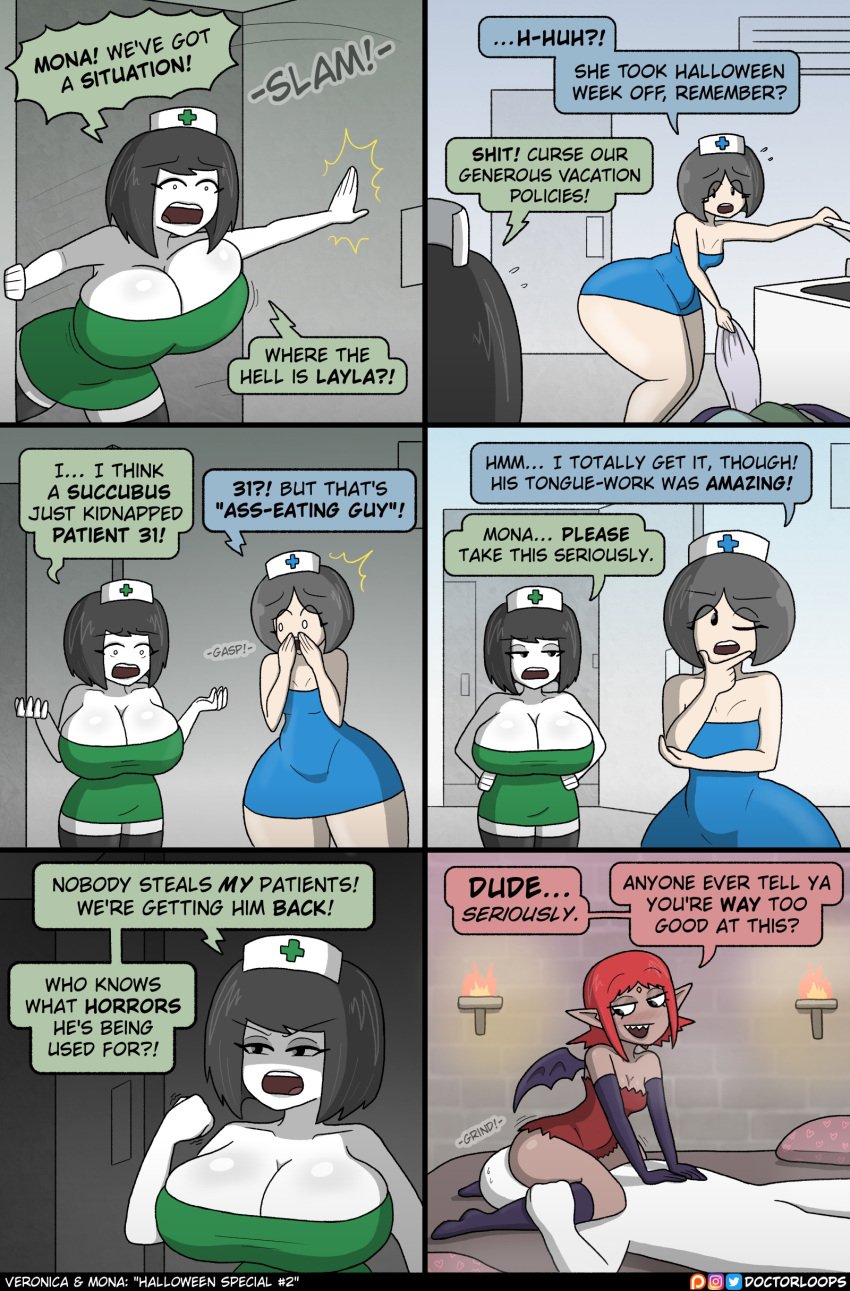 1boy 3girls ass_on_face big_ass big_breasts bob_cut cleavage comic demon demon_girl doctorloops eating_ass facesitting funny humor mona_(doctorloops) nurse nurse_cap rimming succubus text veronica_(doctorloops) veronica_and_mona