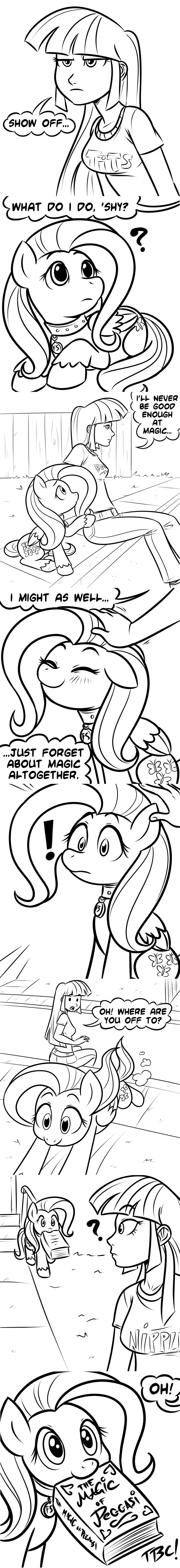 ! 2012 ? animal_genitalia book breasts clothed clothing collar comic cutie_mark dialogue duo english_text equine fluttershy_(mlp) friendship_is_magic hair human mammal megasweet my_little_pony nude pegasus sheath straight_hair text twilight_sparkle_(mlp) wings