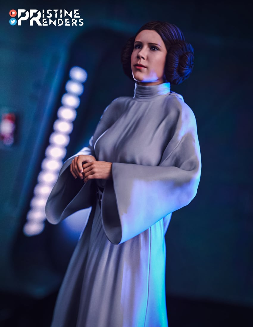 3d brown_eyes brown_hair busty carrie_fisher female female_focus female_only hourglass_figure long_hair princess_leia_organa pristinerenders star_wars tagme wide_hips