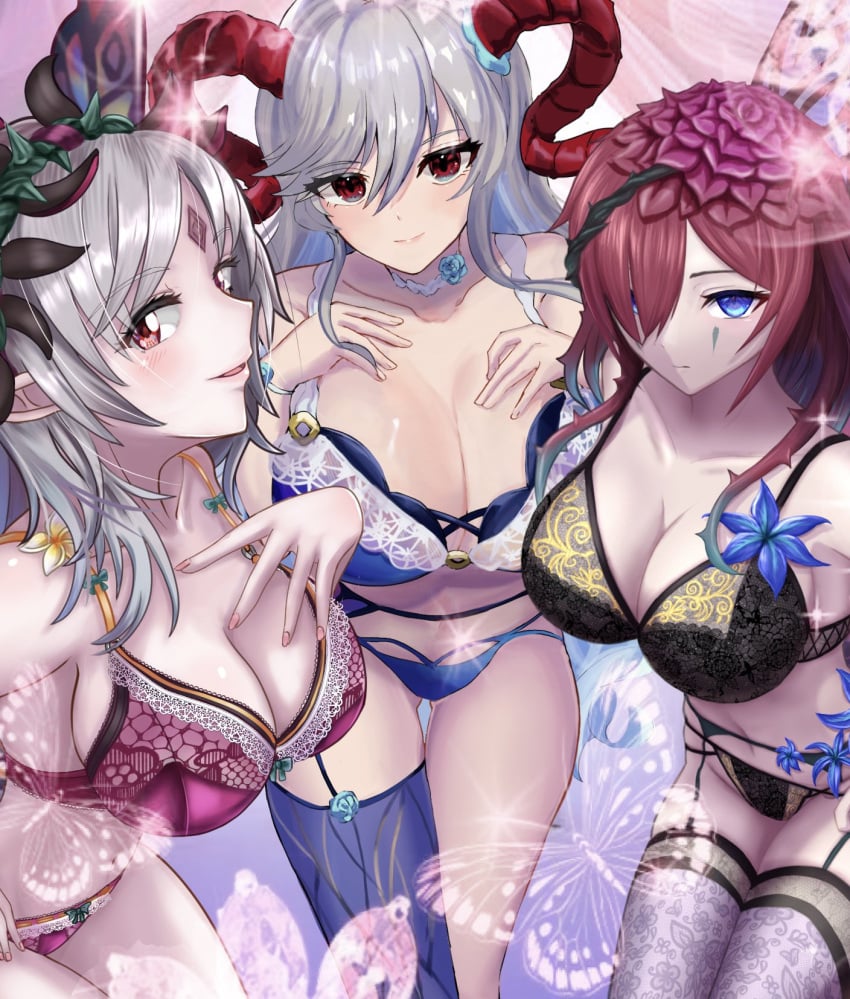 3girls ass_visible_through_thighs asymmetrical_legwear black_panties blue_eyes blue_panties cleavage female female_only fire_emblem fire_emblem_heroes freyja_(fire_emblem) goat_horns grey_hair hair_over_one_eye hand_on_own_chest hands_on_own_chest horns huge_breasts large_breasts lingerie lingerie_only looking_at_viewer matoimangekyo nintendo panties pink_panties plumeria_(fire_emblem) red_eyes red_hair single_thighhigh smile thighs triandra_(fire_emblem) underwear