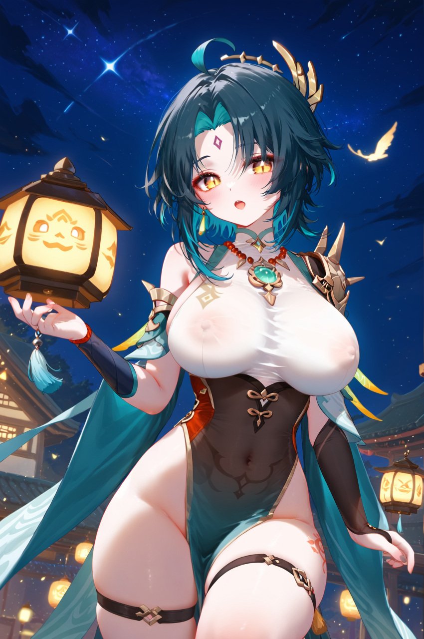 1girls absurd_res ahoge ai_generated asymmetrical_clothes bangs bare_shoulders bead_necklace beads blush breasts covered_navel covered_nipples forehead_mark genderswap_(mtf) genshin_impact lantern large_breasts looking_at_viewer ministro necklace night night_sky outdoors rule_63 short_hair slit_pupils xiao_(genshin_impact)