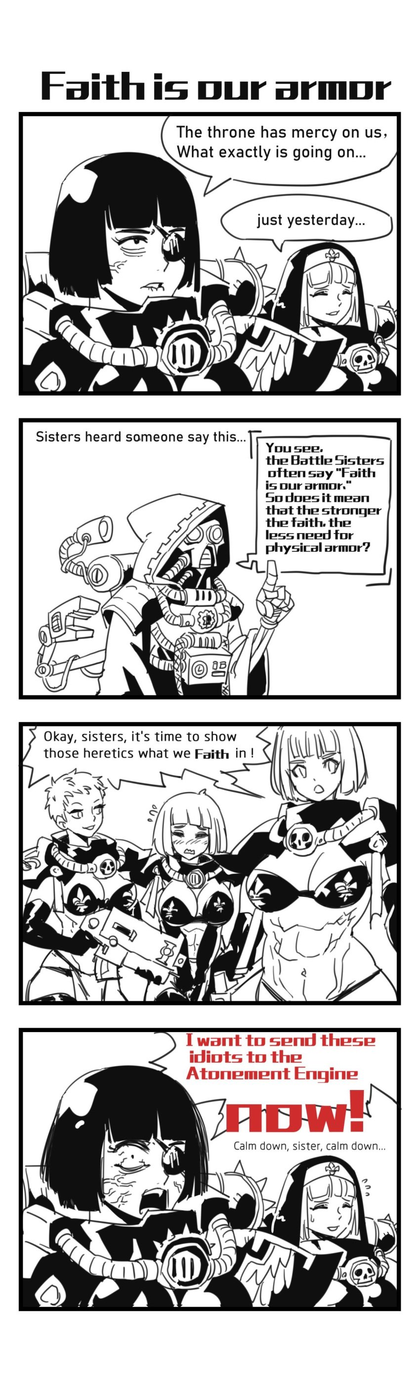 adepta_sororitas adeptus_mechanicus black_and_white comic dialogue english_text imperium_of_man impractical_armor mulderz sister_of_battle speech_bubble techpriest text warhammer_(franchise) warhammer_40k