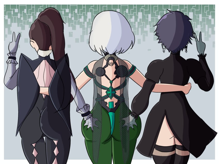 3girls alternate_costume alternate_version_available ass ass_grab bayonetta bayonetta_(character) bayonetta_2 big_ass black_hair bodysuit bubble_butt costume_switch crossover curvy_female double_ass_grab eve_(stellar_blade) female female_only green_bodysuit hot huge_ass large_ass long_hair looking_back multiple_girls nier nier:_automata nier_(series) outfit_swap ponytail short_hair stellar_blade swapperj333 thick_thighs trait_connection white_hair yorha_2b yuri