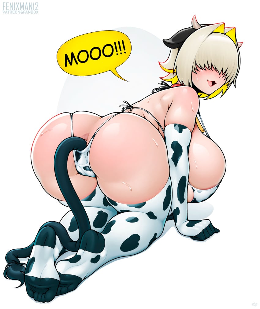 ! absurdres all_fours anal_tail animal_ears animal_print artist_name ass ass_focus bell blonde_hair blush breasts cow_ears cow_horns cow_print cow_tail cowbell elbow_gloves elegg_(nikke) fake_tail female fenixman12 full_body gloves goddess_of_victory:_nikke hair_intakes hair_over_eyes highres horns huge_breasts long_bangs looking_at_viewer medium_hair multicolored_hair neck_bell oerba_yun_fang open_mouth simple_background skin_fang solo speech_bubble spoken_exclamation_mark sweat tail thick_thighs thighhighs thighs two-tone_hair white_background white_thighhighs