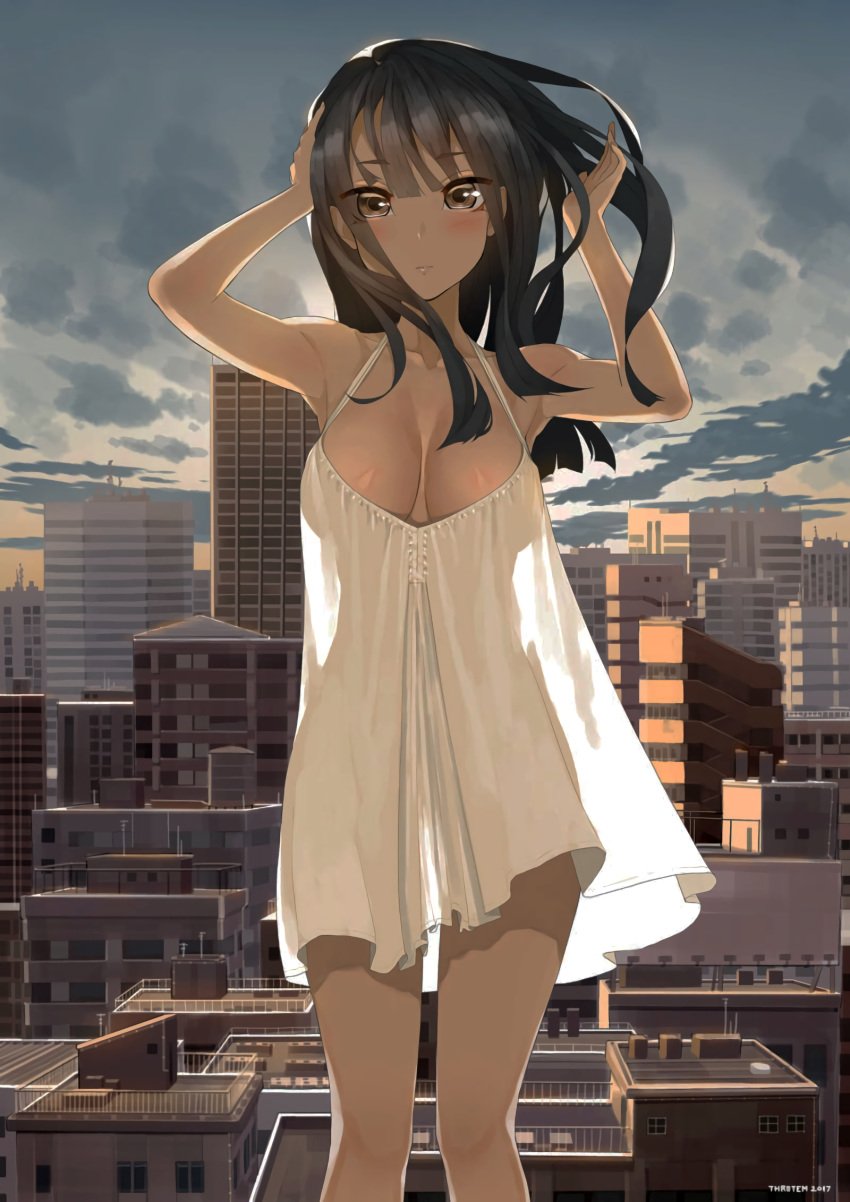 armpits arms_behind_head arms_up bangs bare_shoulders black_hair blush breasts brown_eyes building city city_lights cityscape clavicle cleavage cloud dress eyebrows_visible_through_hair female large_breasts long_hair looking_at_viewer original outdoors scenery see-through see-through_silhouette sky skyscraper solo standing throtem white_dress