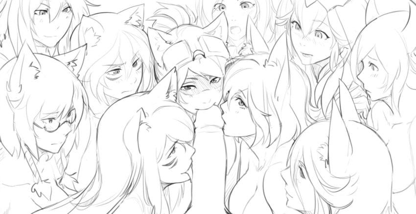 1boy 6+girls :o :s animal_ears black_sclera breasts collaborative_fellatio drooling facial_tattoo fellatio fox_ears glasses goggles goggles_on_head greyscale harem kissing large_penis less long_hair monochrome multiple_girls neck oral penis penis_lick ponytail pov shaded_face short_hair simple_background smile tattoo teamwork tongue white_background worried